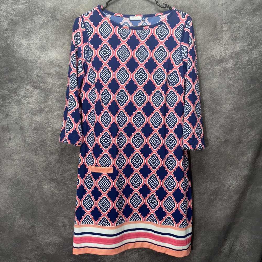 Cabana Life Navy Geo Cover Up Shift Dress Size M Pink UPF 50 Nylon 3/4 Sleeve